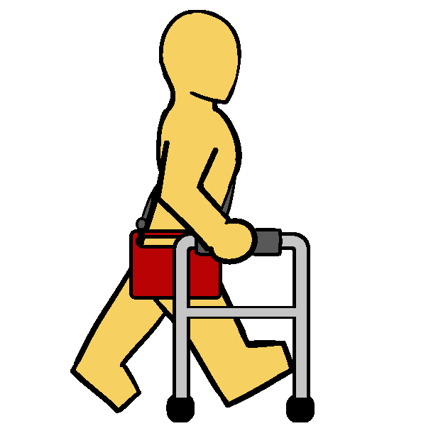 A yellow thin person with a gray walker and a red AAC device on a shoulder strap walking.